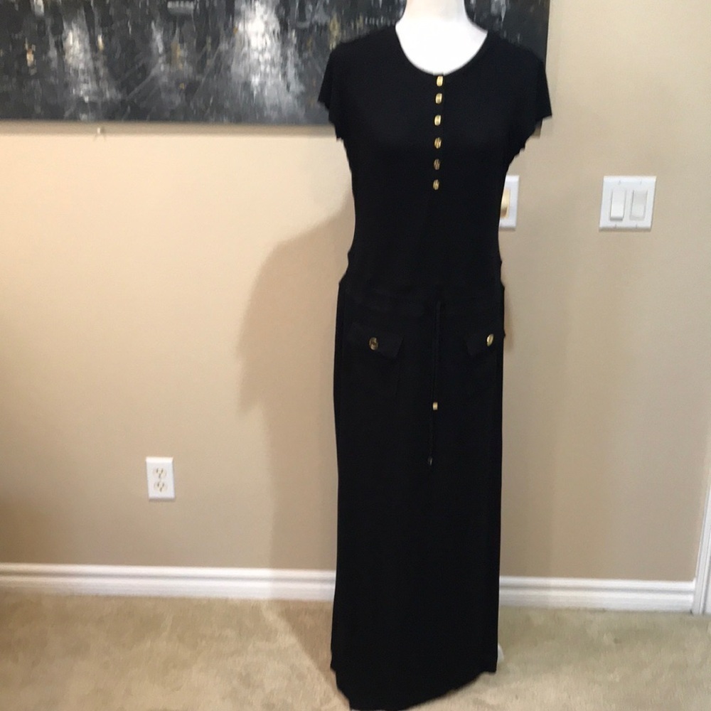 Chelsea & Theodore Black Drawstring Waist Front Pockets Pullover Maxi Dress-10